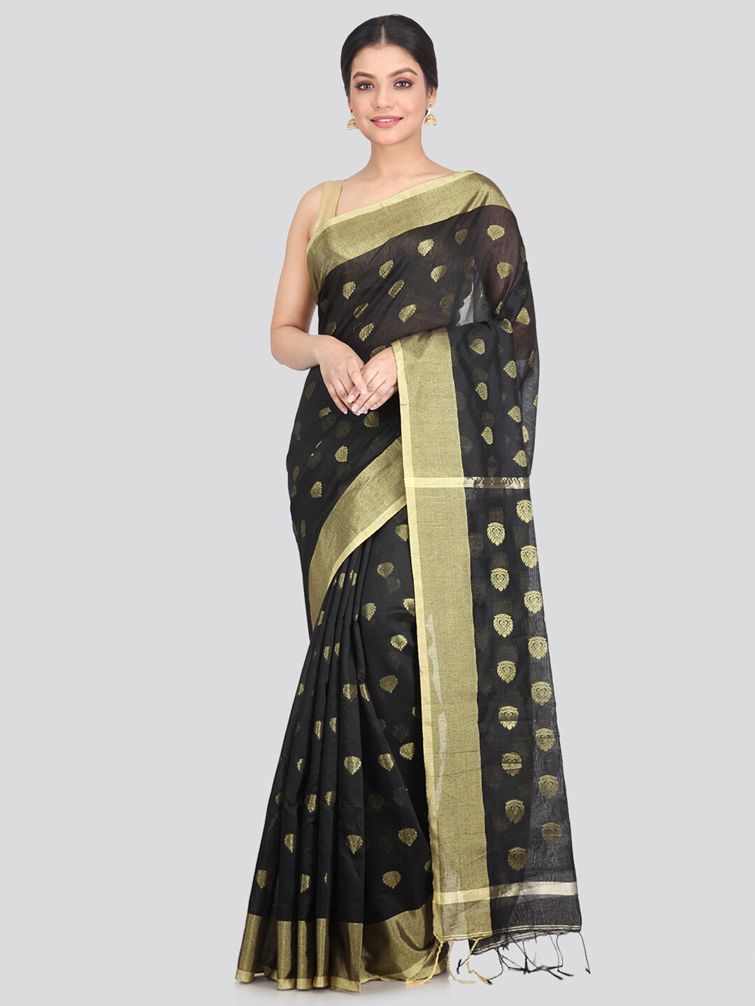 PinkLoom Women's Black & Gold Woven Design Zari Cotton Blend Saree