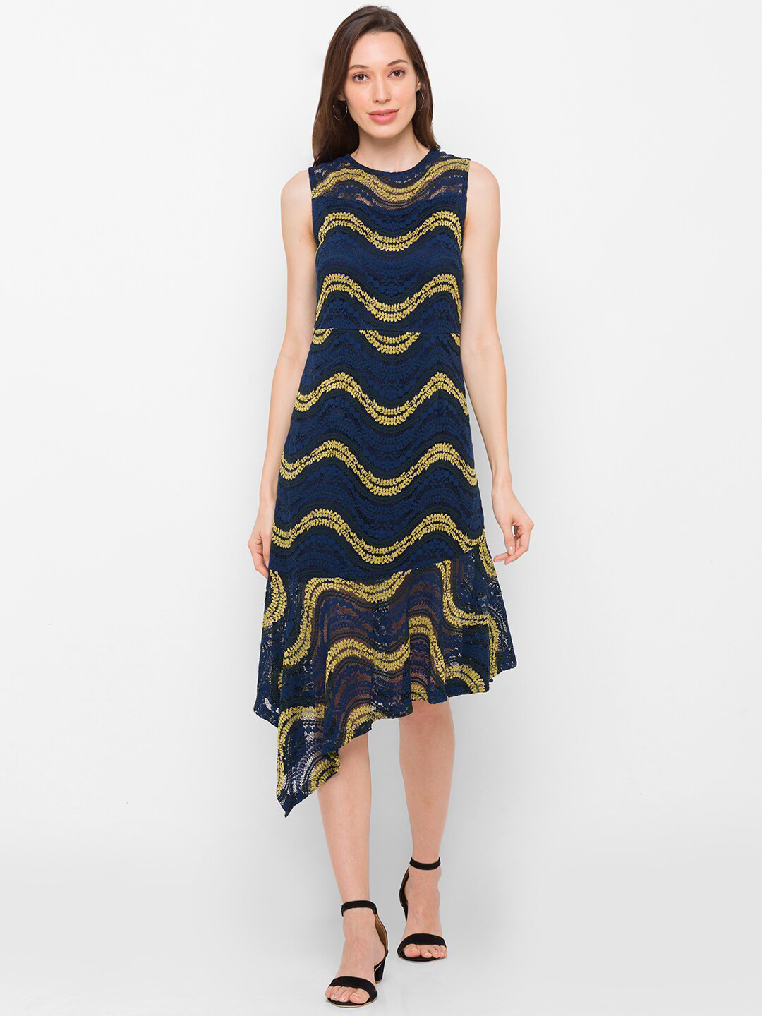 Globus Navy Blue & Mustard Yellow Cotton A-Line Midi Dress