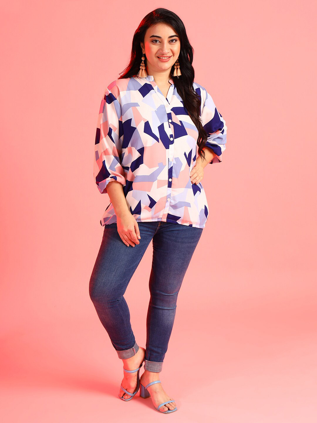 Instafab Plus Plus Size Women Multicoloured Print Mandarin Collar Shirt Style Top