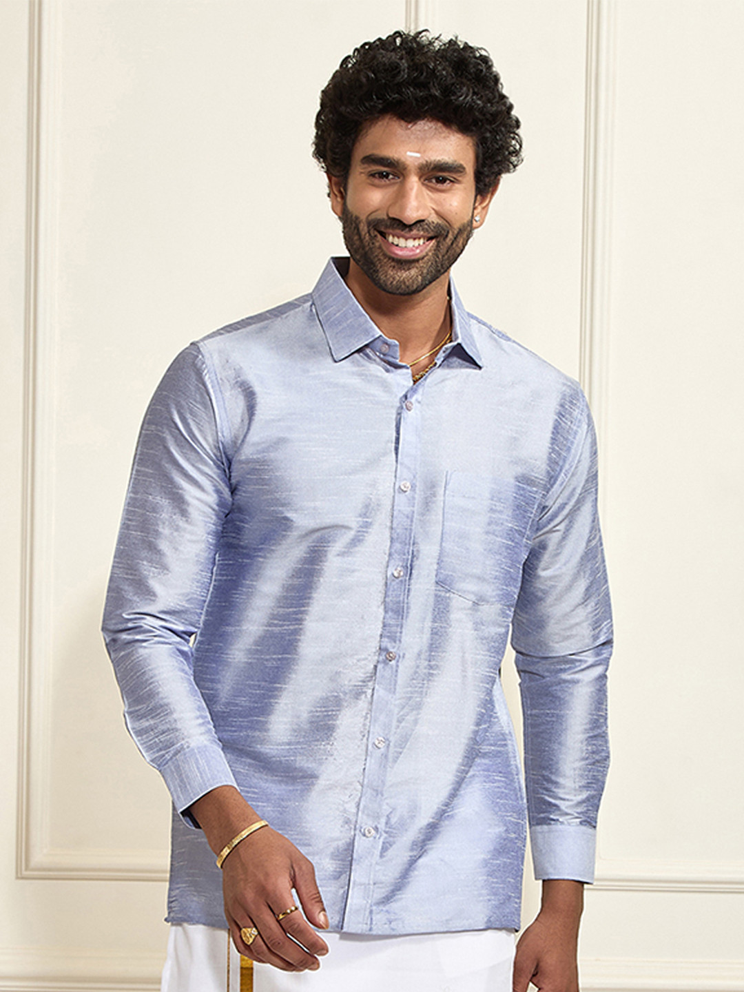 VASTRAMAY Men Lavender Solid Premium Silk Blend Casual Shirt