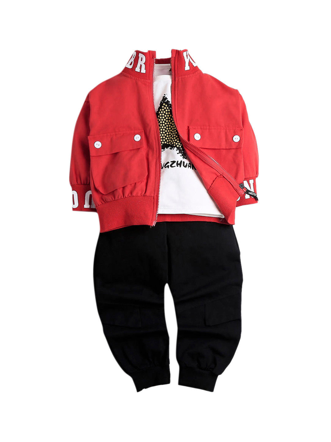 Hopscotch Boys Red & White Printed T-shirt & Trousers With Jacket