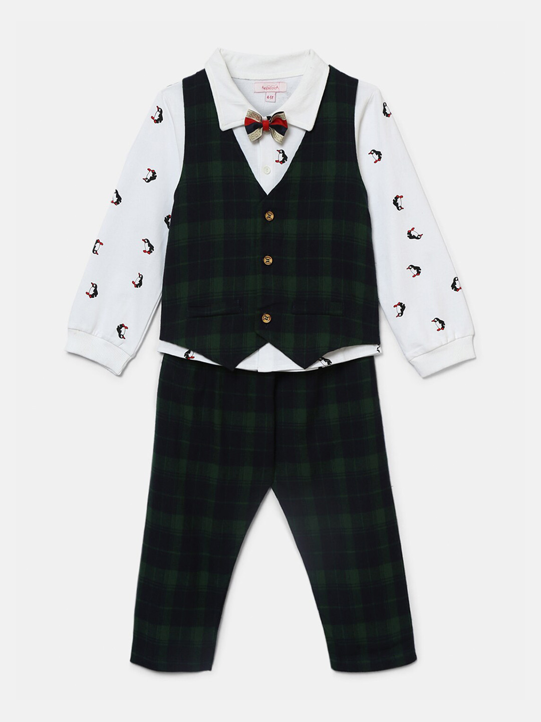 Hopscotch Boys Green & White Checked Waistcoat With Shirt with Trousers