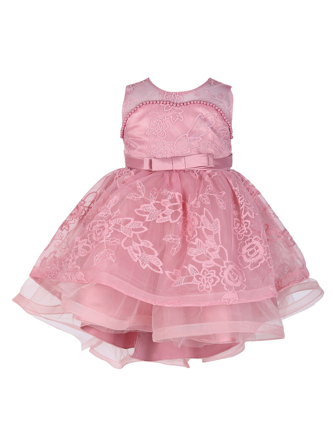 Hopscotch Pink & Rose Sleeveless Applique Bow Floral Tan Dress