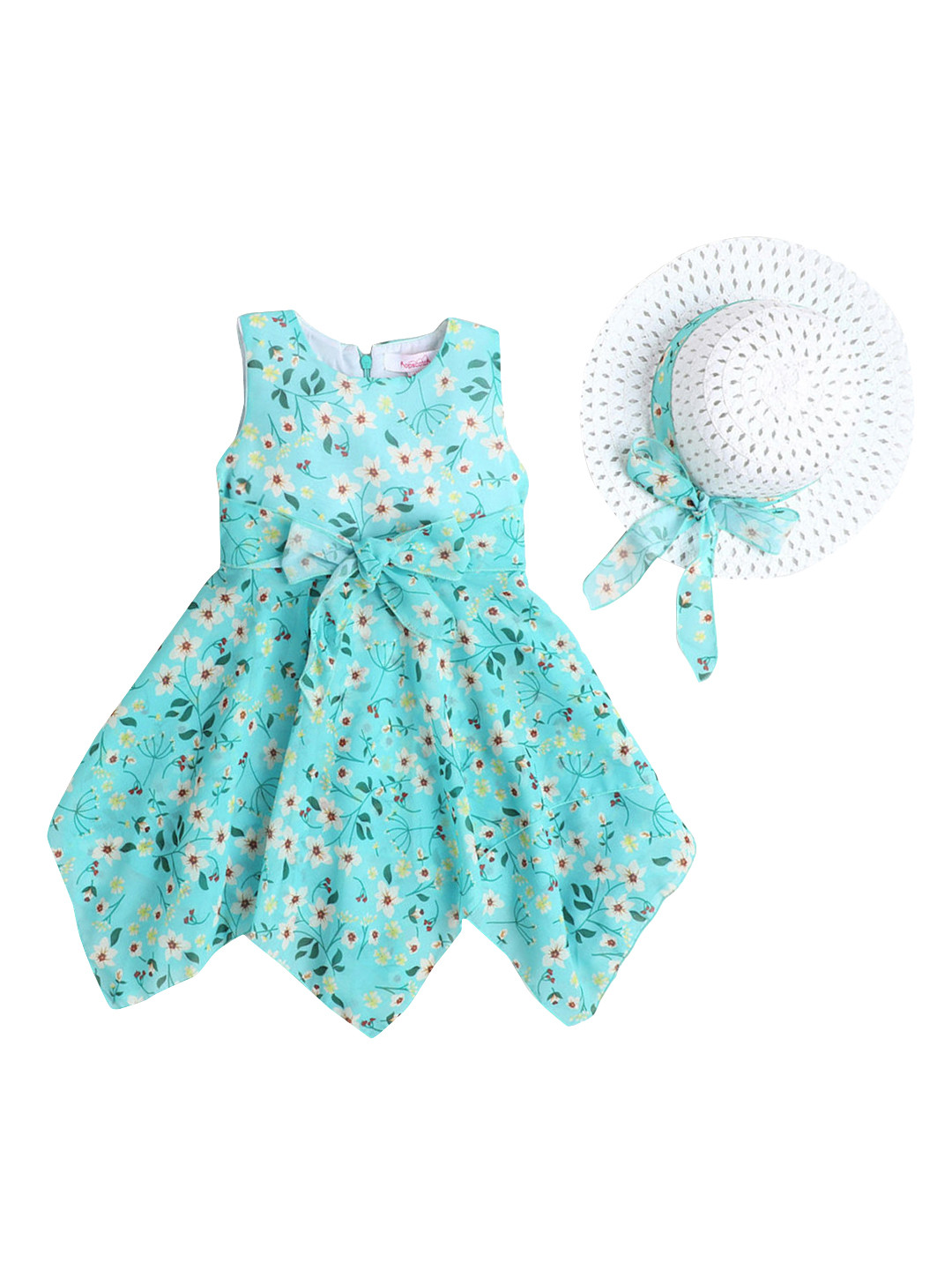 Hopscotch Girls Blue & White Floral Printed Gathered or Pleated Fit & Flare Dress & A Hat