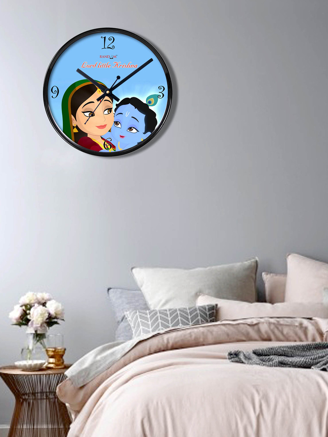 RANDOM Blue Plastic Large Display Round Battery Analogue Radha Krishna Wall Clock-27.9cm