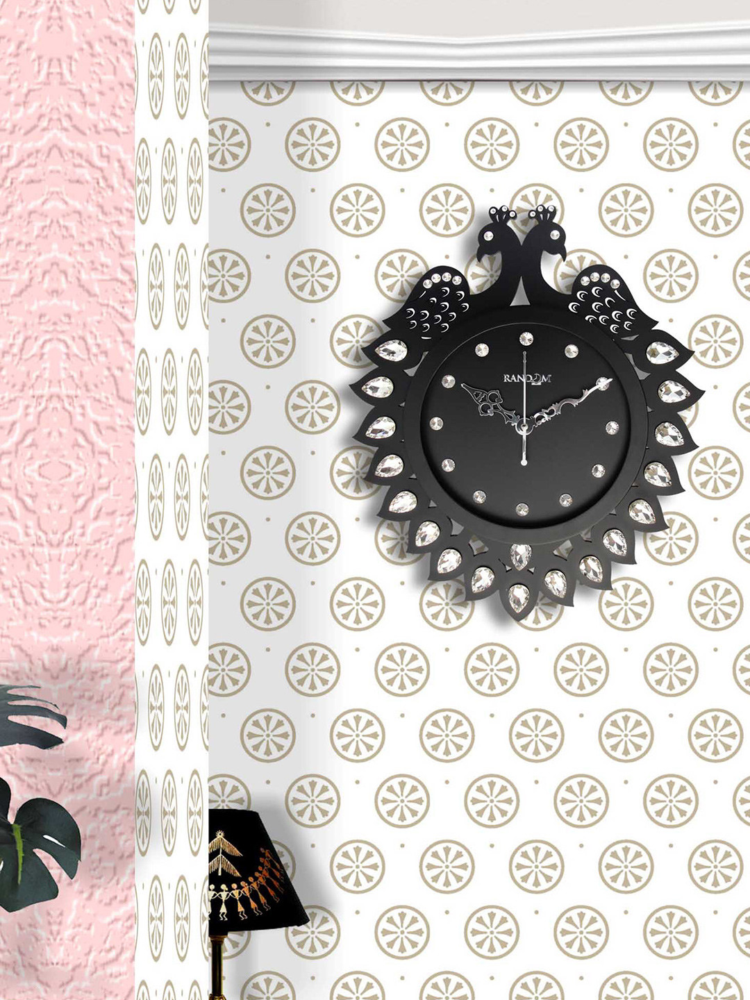 RANDOM Diamond Peacock Black Wood Large Display Battery Analogue Wall Clock