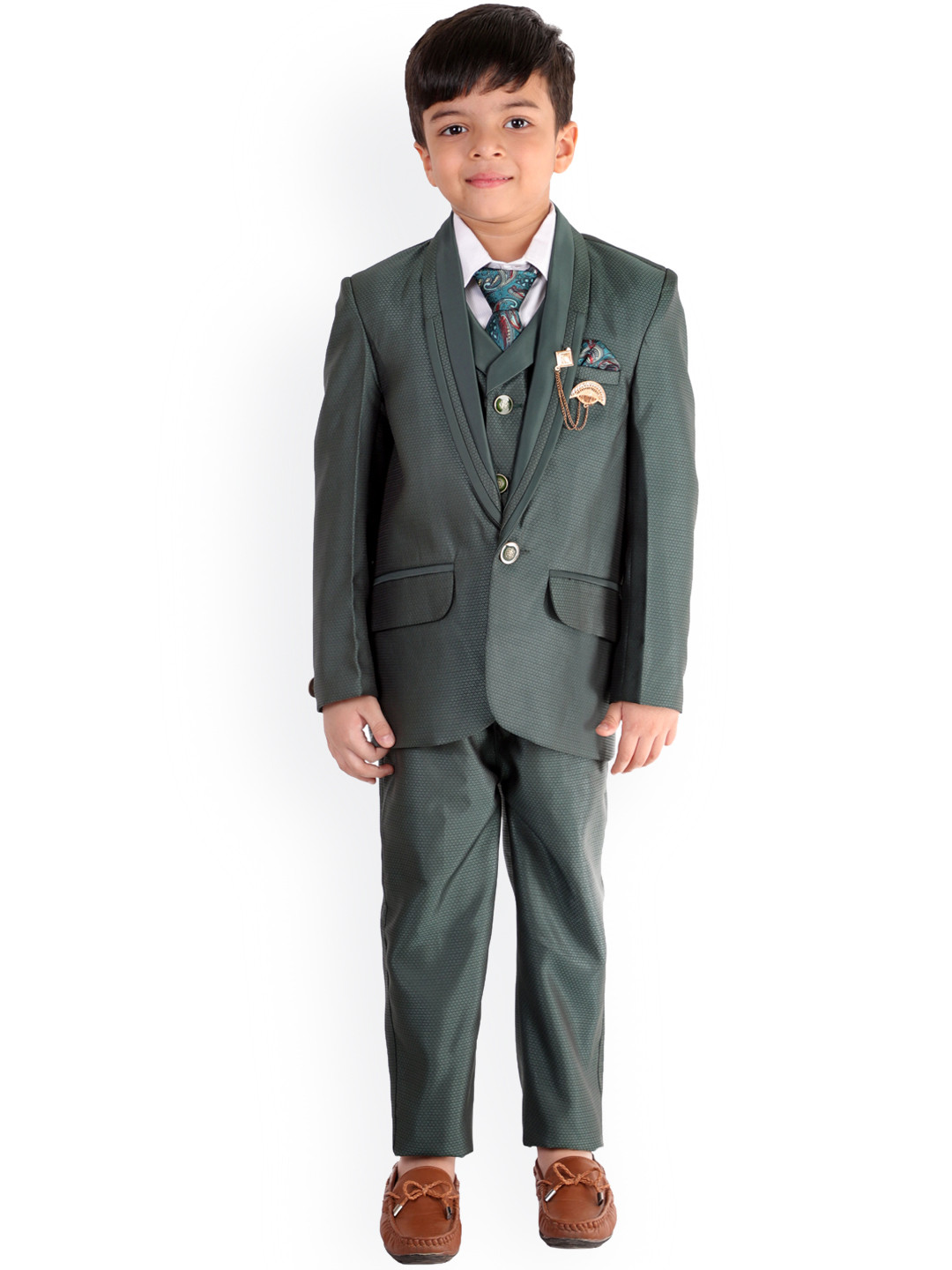 FOURFOLDS Boys Green Self-Design 5-Piece Single-Breasted Partywear Suit