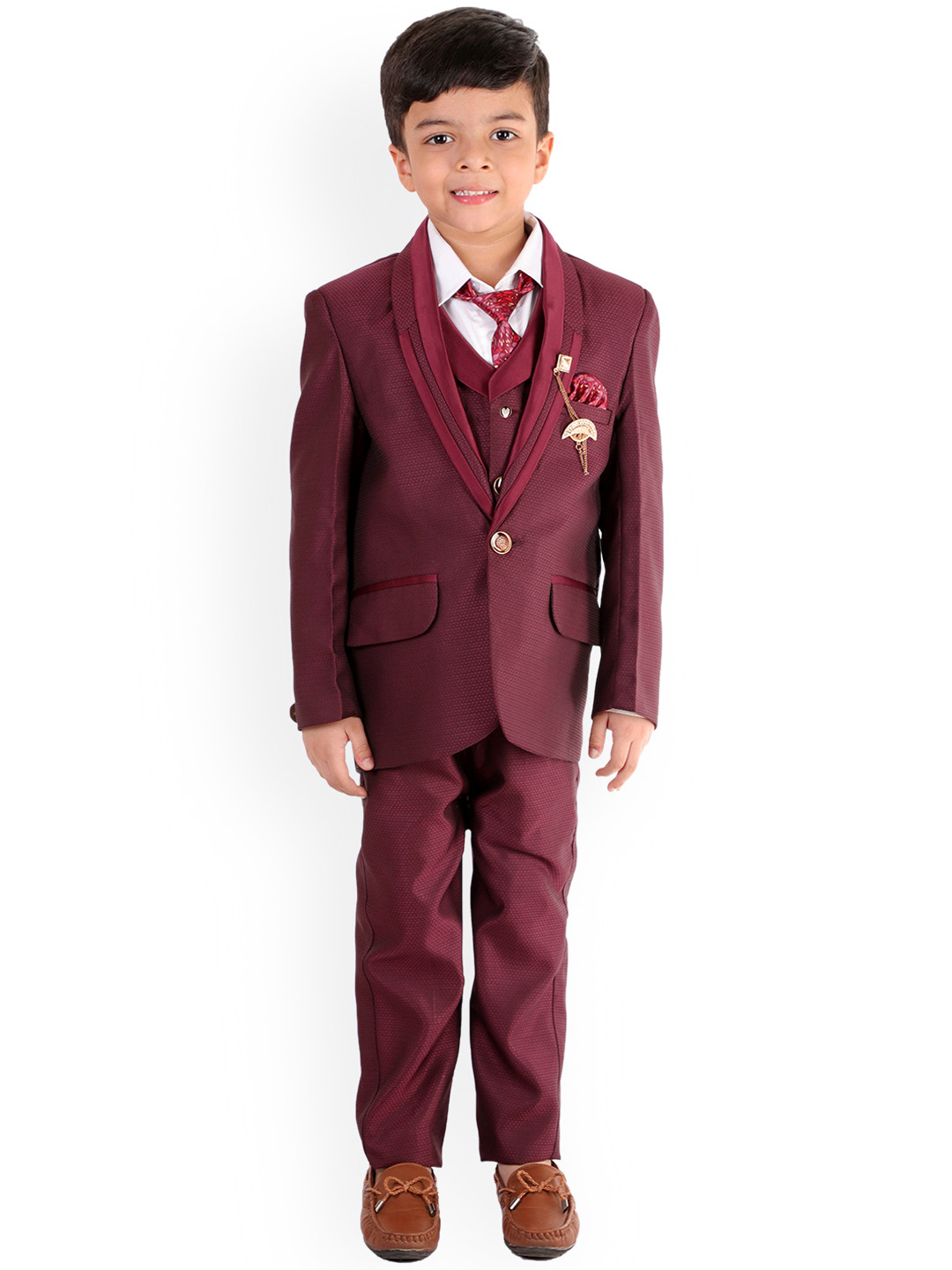 FOURFOLDS Boys Maroon Self Design 5 Piece Single-Breasted Party Suit