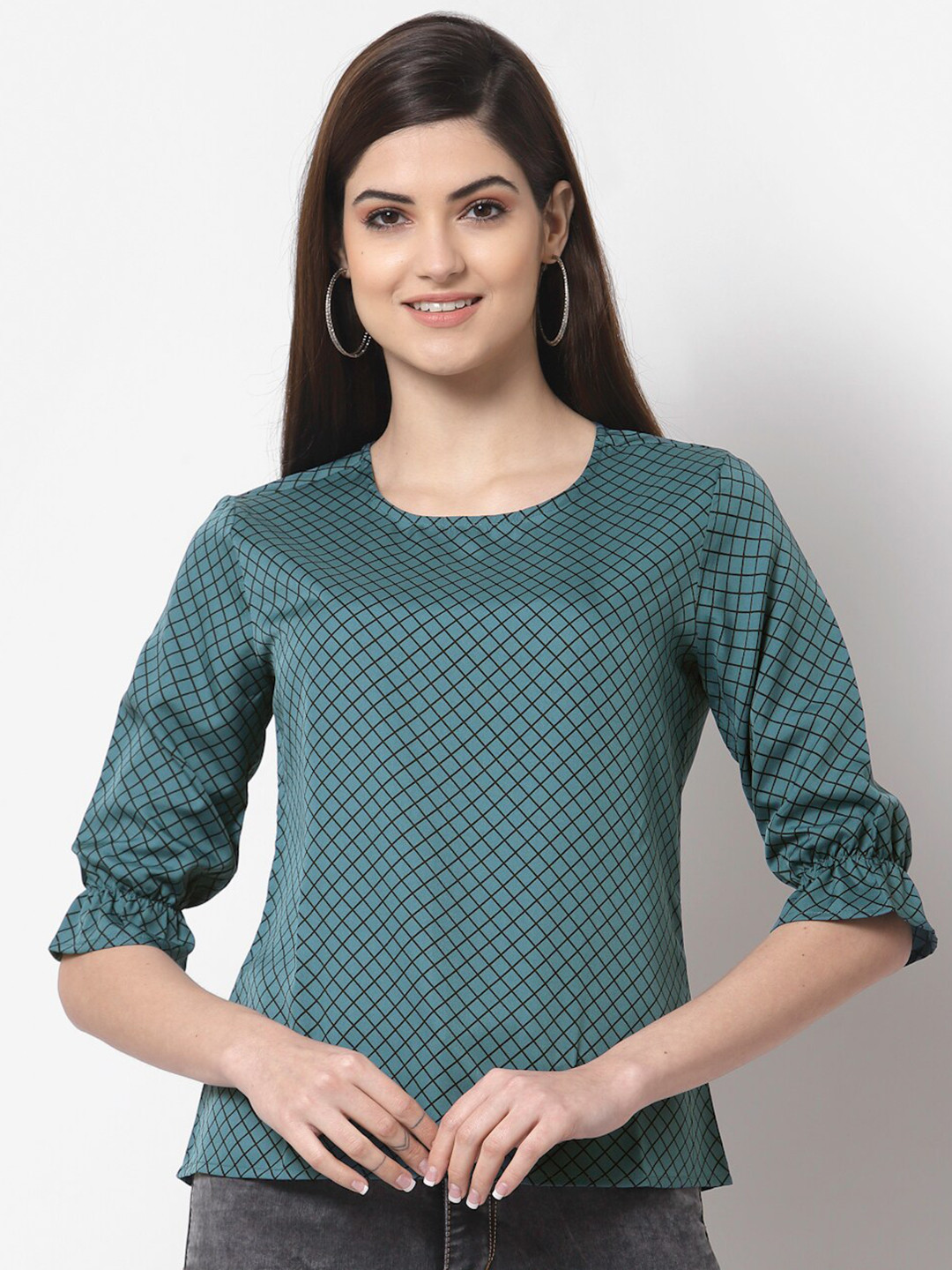 Style Quotient Teal Print Crepe Top