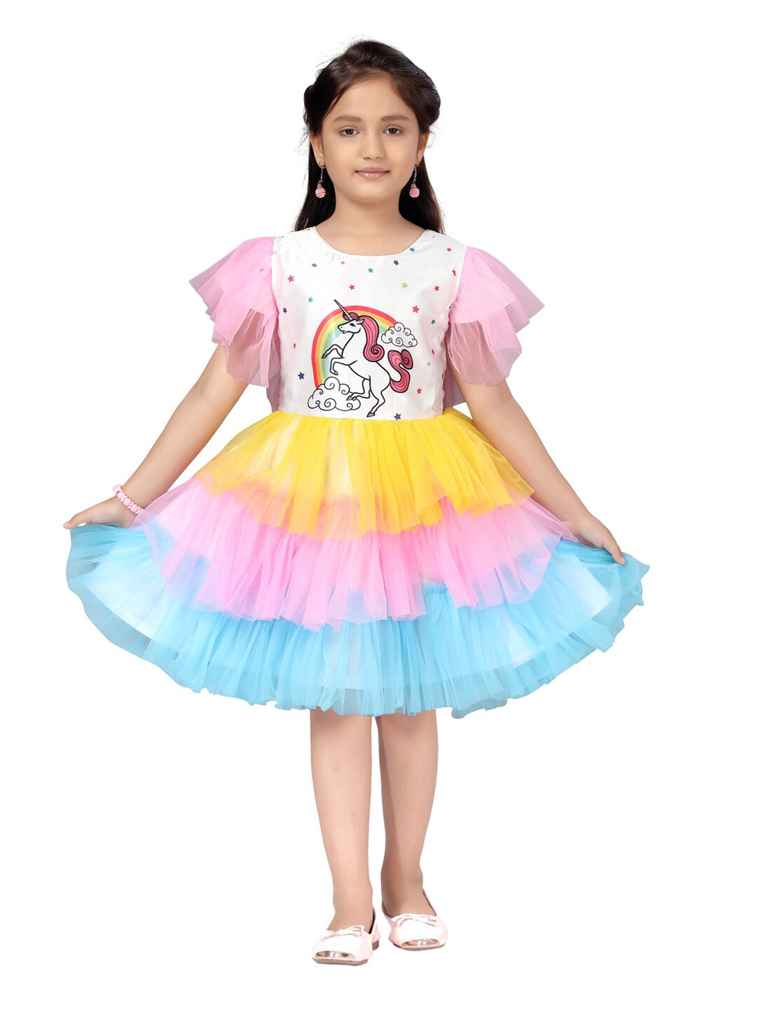 Aarika Multicoloured Unicorn Printed Net Dress
