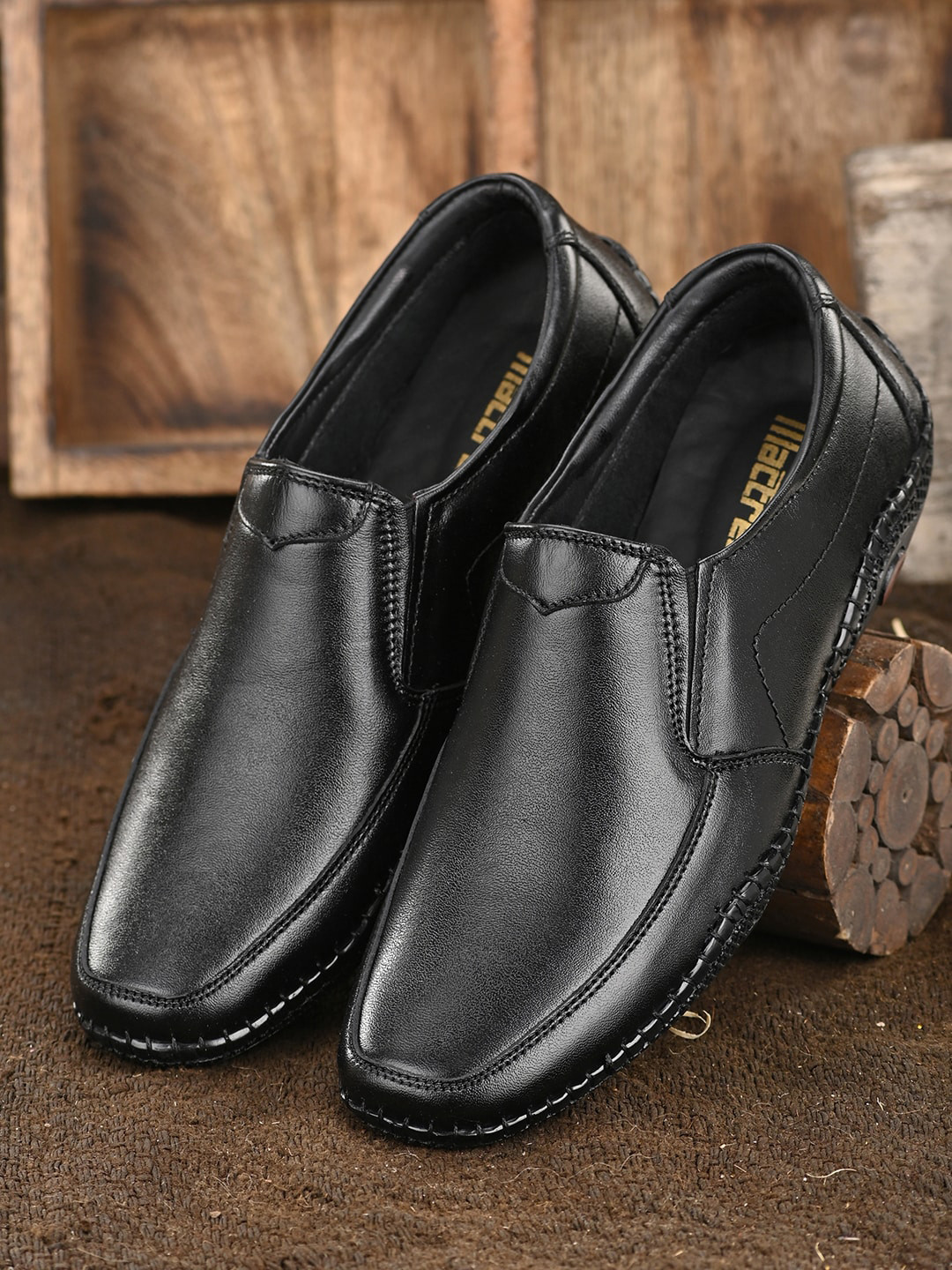 Mactree Men Black Solid Leather Formal Slip-On