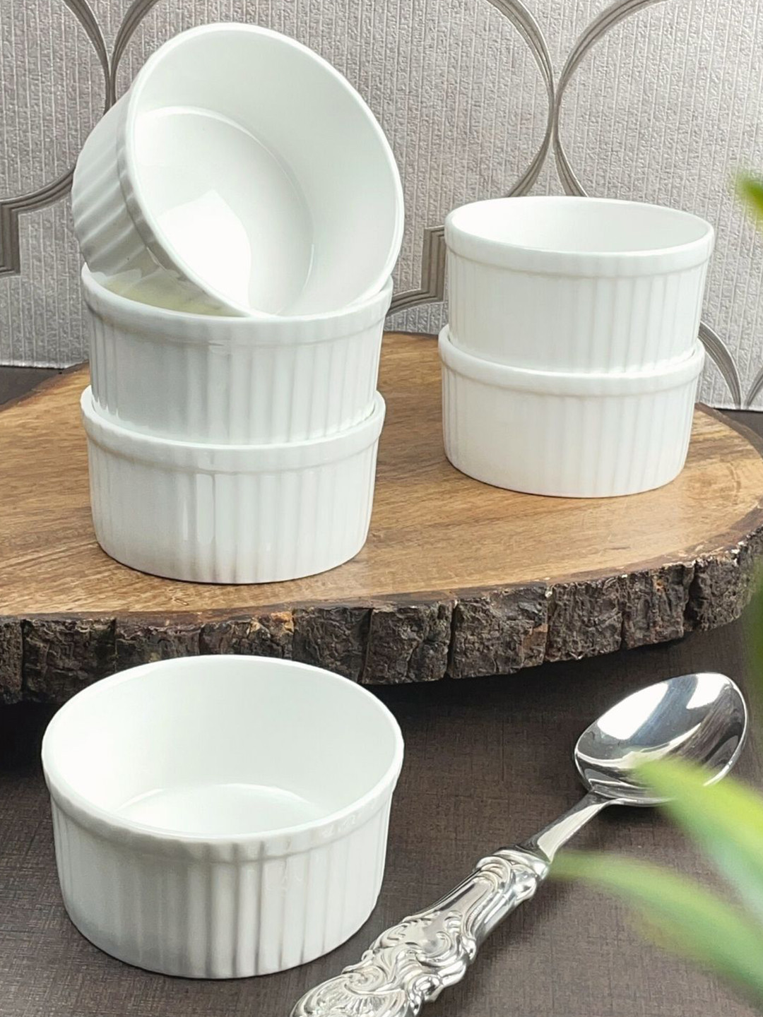 CLAY CRAFT Set of 6 White Textured Ceramic Glossy Bowls