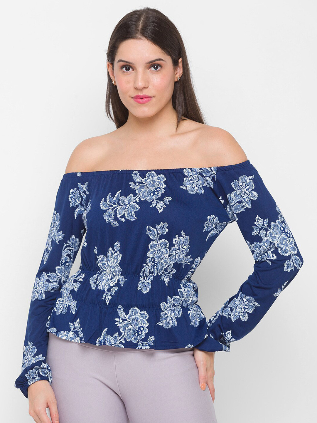 Globus Navy Blue & White Floral Print Off-Shoulder Bardot Top
