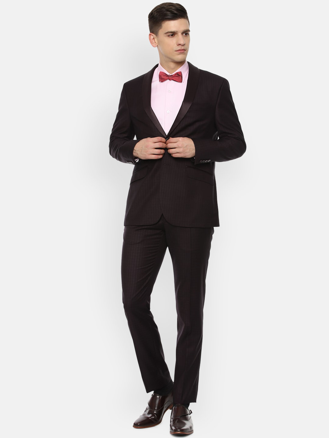 Van Heusen Men Black & Burgundy Self-Design Single-Breasted Slim-Fit 2-Piece Suit