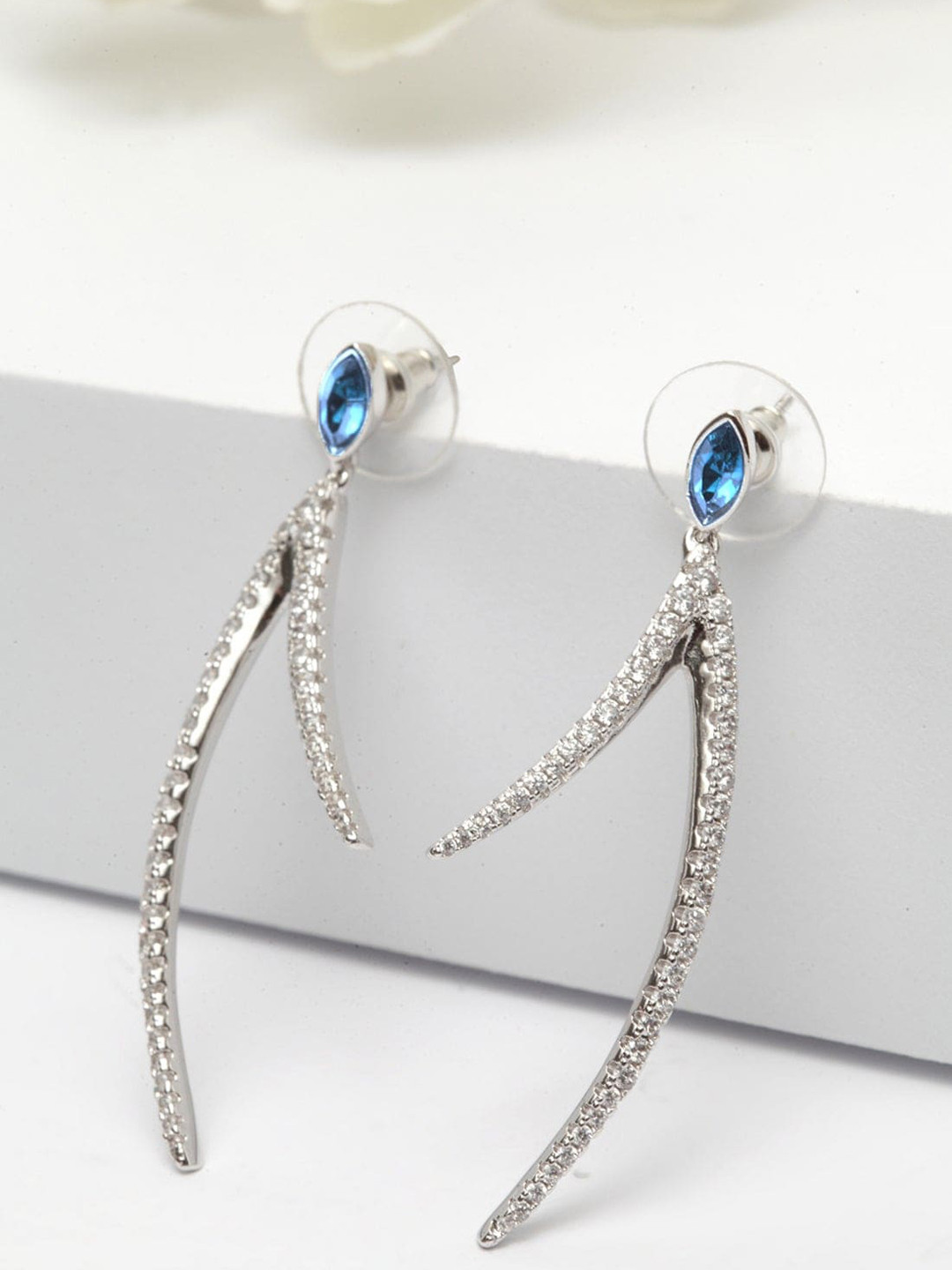 AVANT-GARDE PARIS Silver-Toned Swarovski Crystal Studded Contemporary Drop Earrings