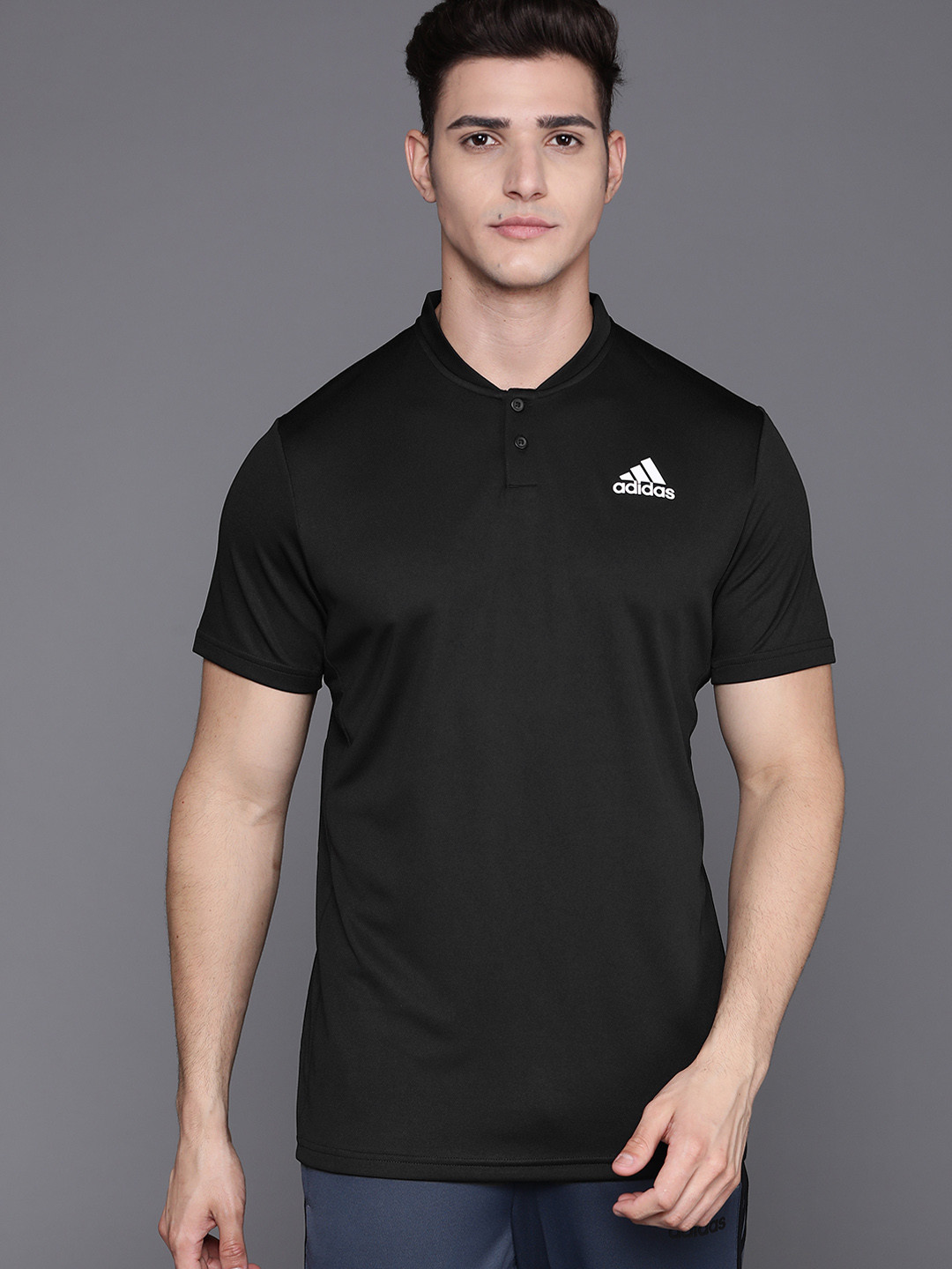ADIDAS Men Black Club Henley Solid Aeroready Tennis Sustainable T-shirt
