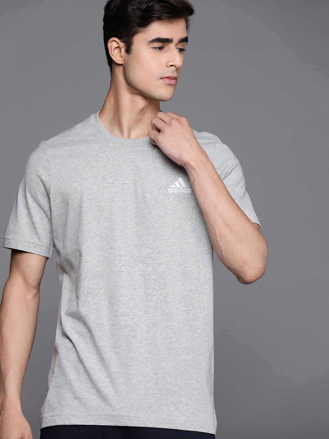 ADIDAS Men Grey Melange Pure Cotton Sustainable  T-shirt