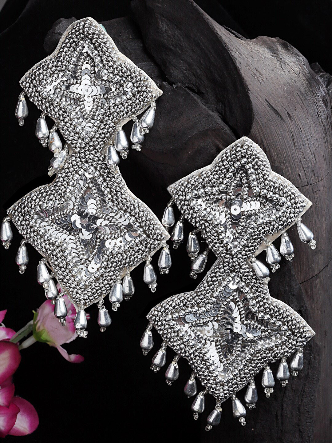 Moedbuille Silver-Plated Sequins & Pearls Studded Drop Earrings