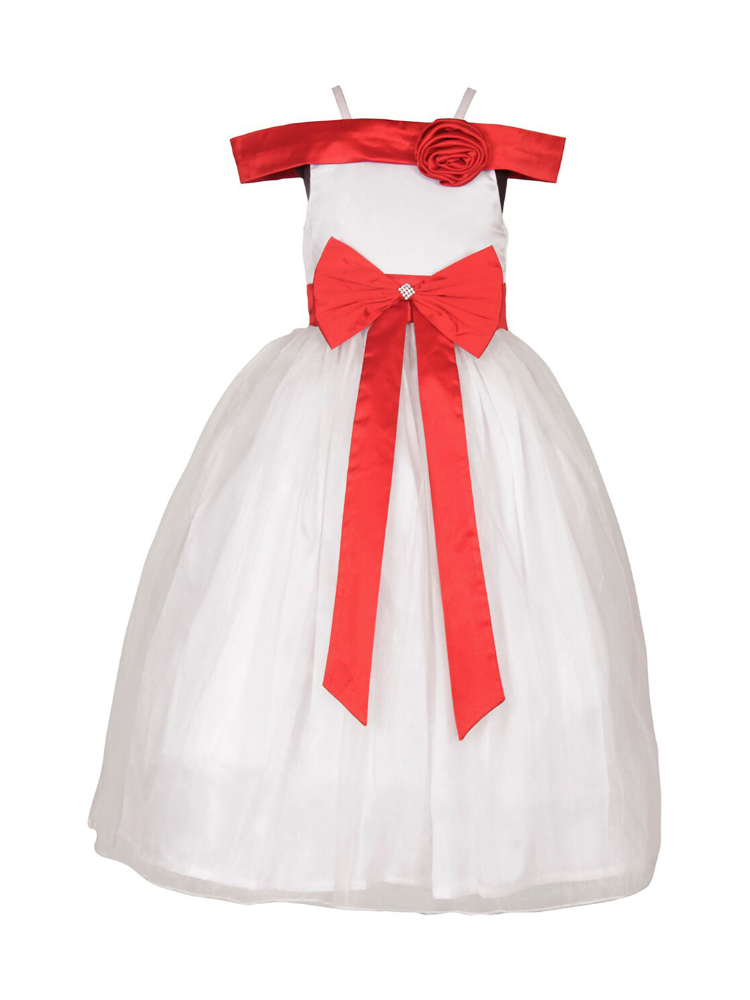 Samsara Couture White & Red Off-Shoulder Satin Maxi Dress