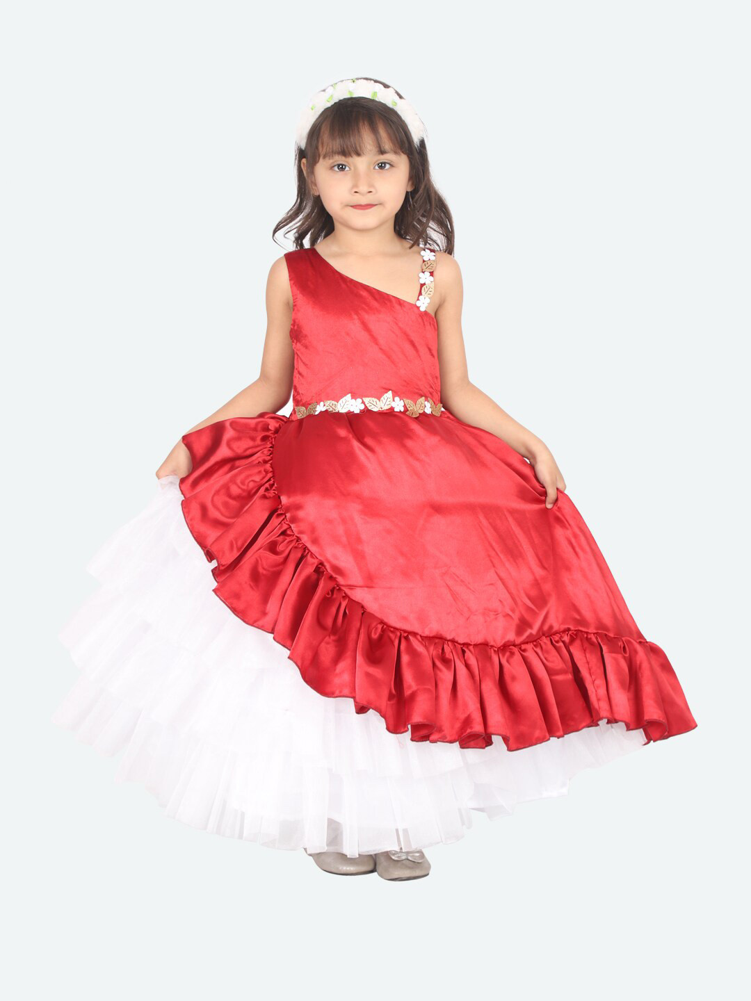 Samsara Couture Girls Red & White Solid Satin One Shoulder Maxi Dress
