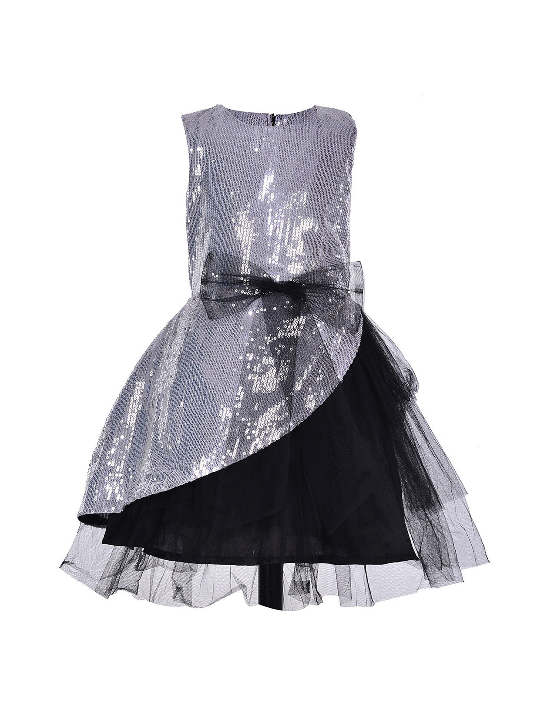 Samsara Couture Silver-Toned & Black Satin Fit and Flare Dress