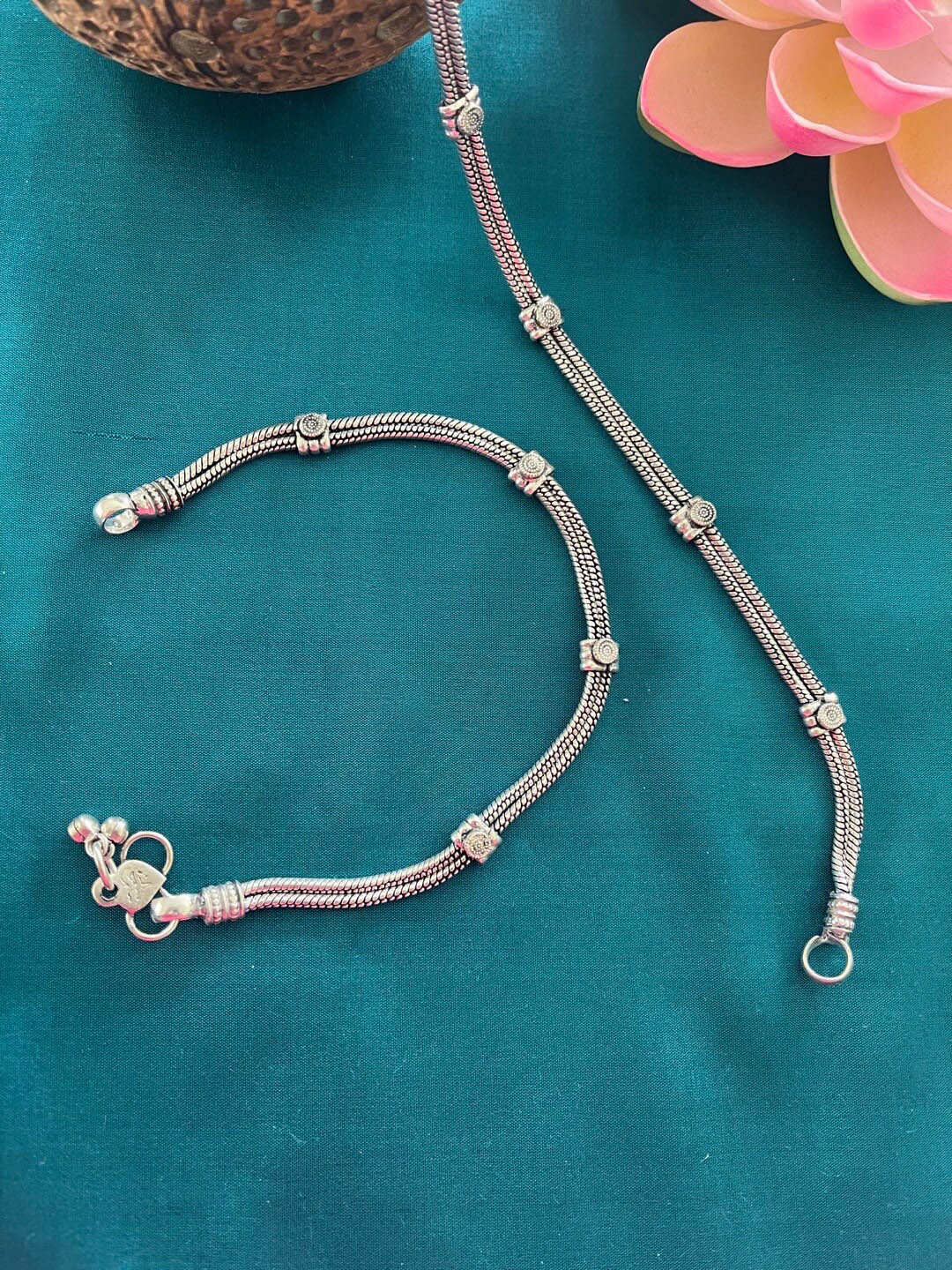 Digital Dress Room Set Of 2 Silver-Toned & Plated Nazarbattu Kolusu Oxidized Anklets