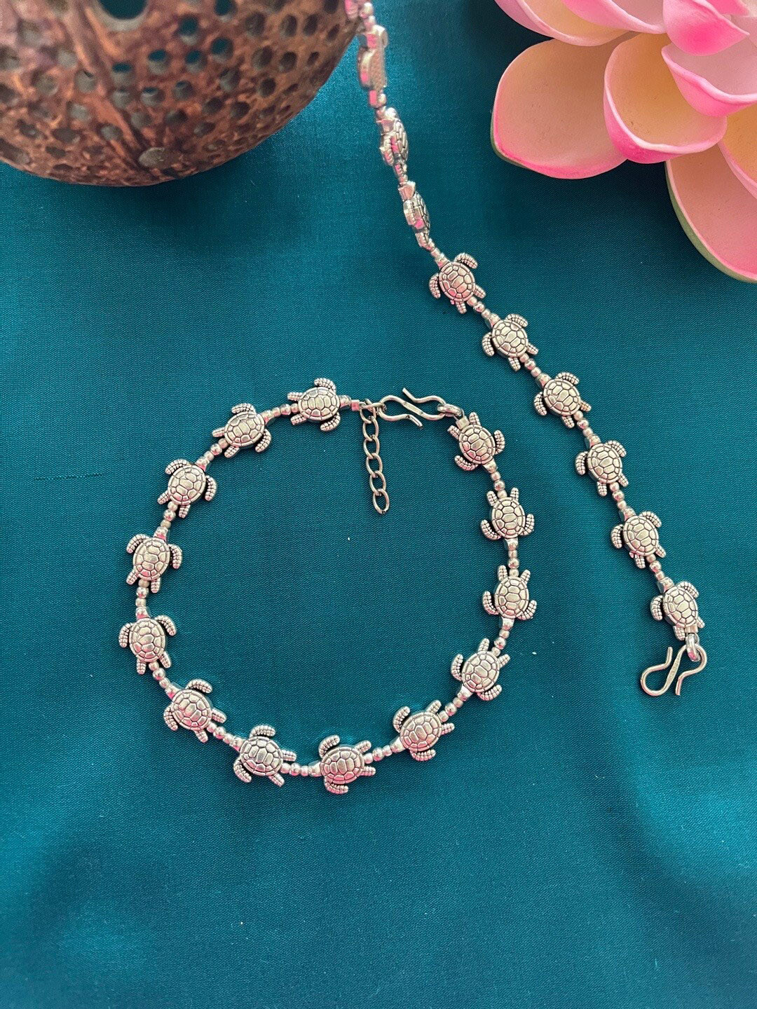 Digital Dress Room German Silver Set Of 2 Tortoise Designs Oxidised Anklets