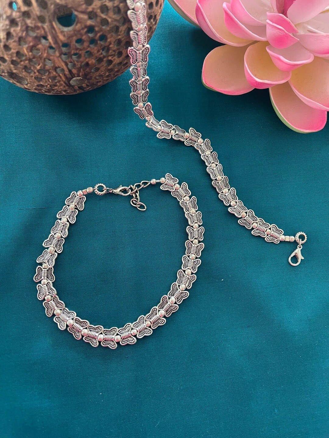 Digital Dress Room Set Of 2 Women Silver-Toned Butterfly Designs Oxidised Anklet