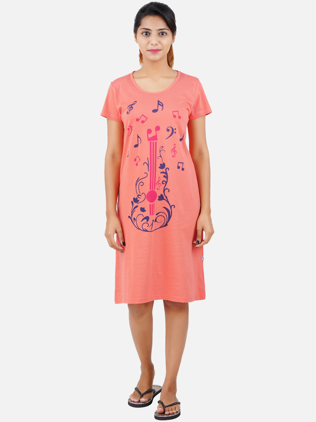 PRIDE APPAREL Women Peach-Coloured Printed Pure Cotton Nightdress