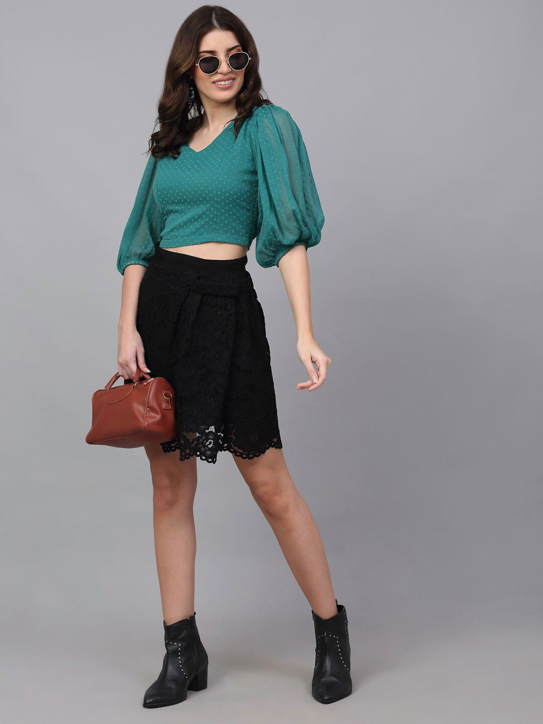 NEUDIS Green Chiffon Blouson Crop Top