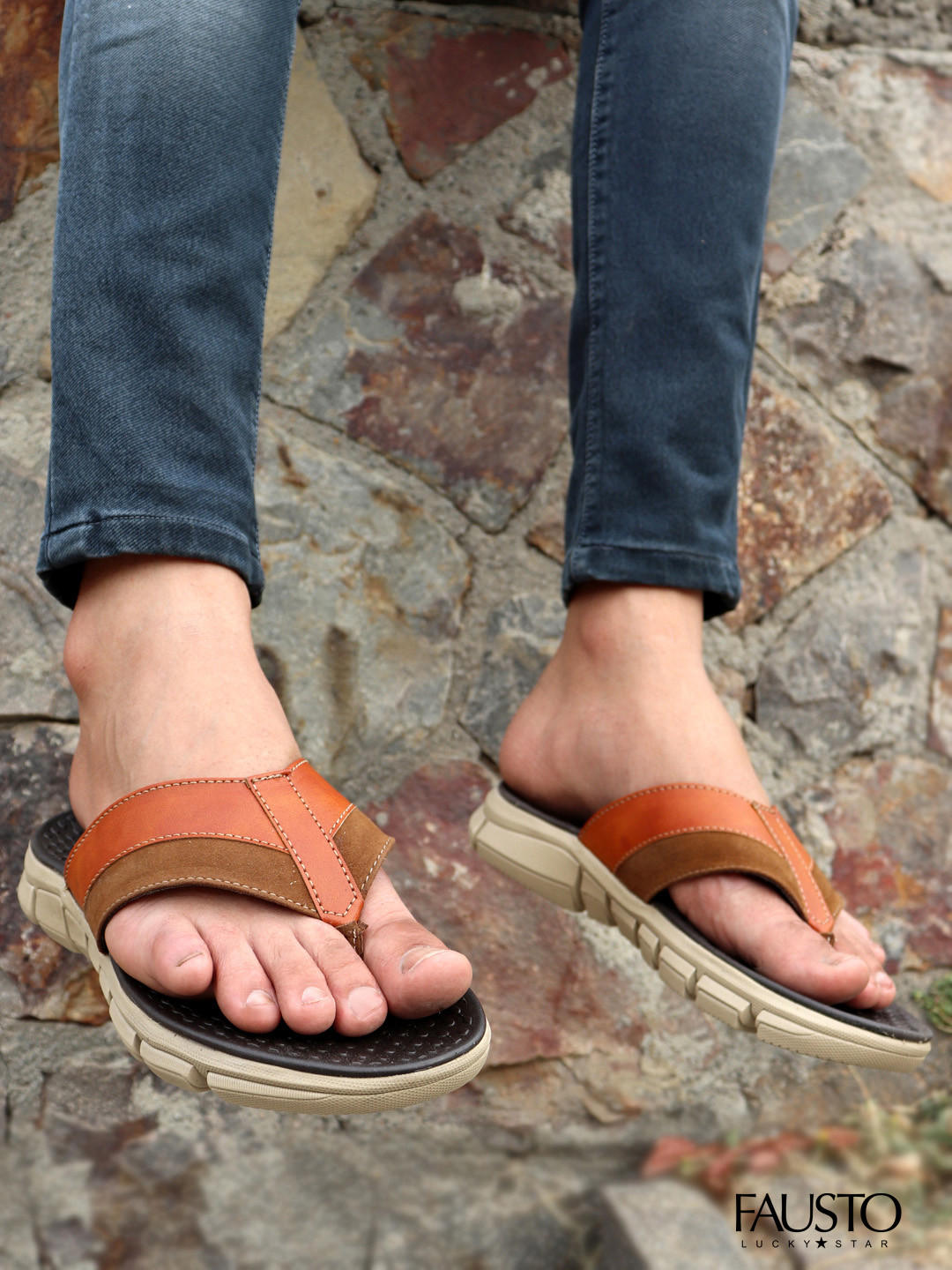FAUSTO Men Tan Thong Flip-Flops