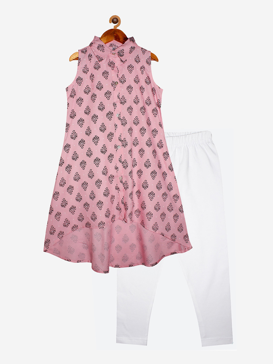 KiddoPanti Girls Peach-Coloured Floral Printed Kurta With Leggings