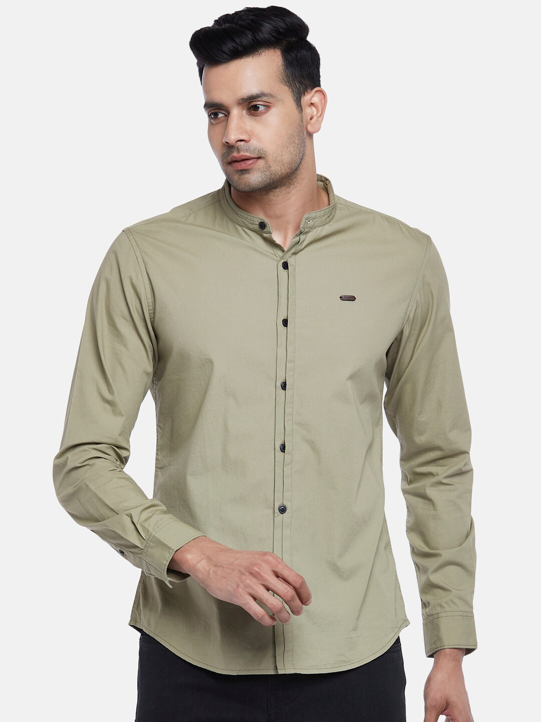 People Men Olive Green Slim Fit Pure Cotton Casual Shirt