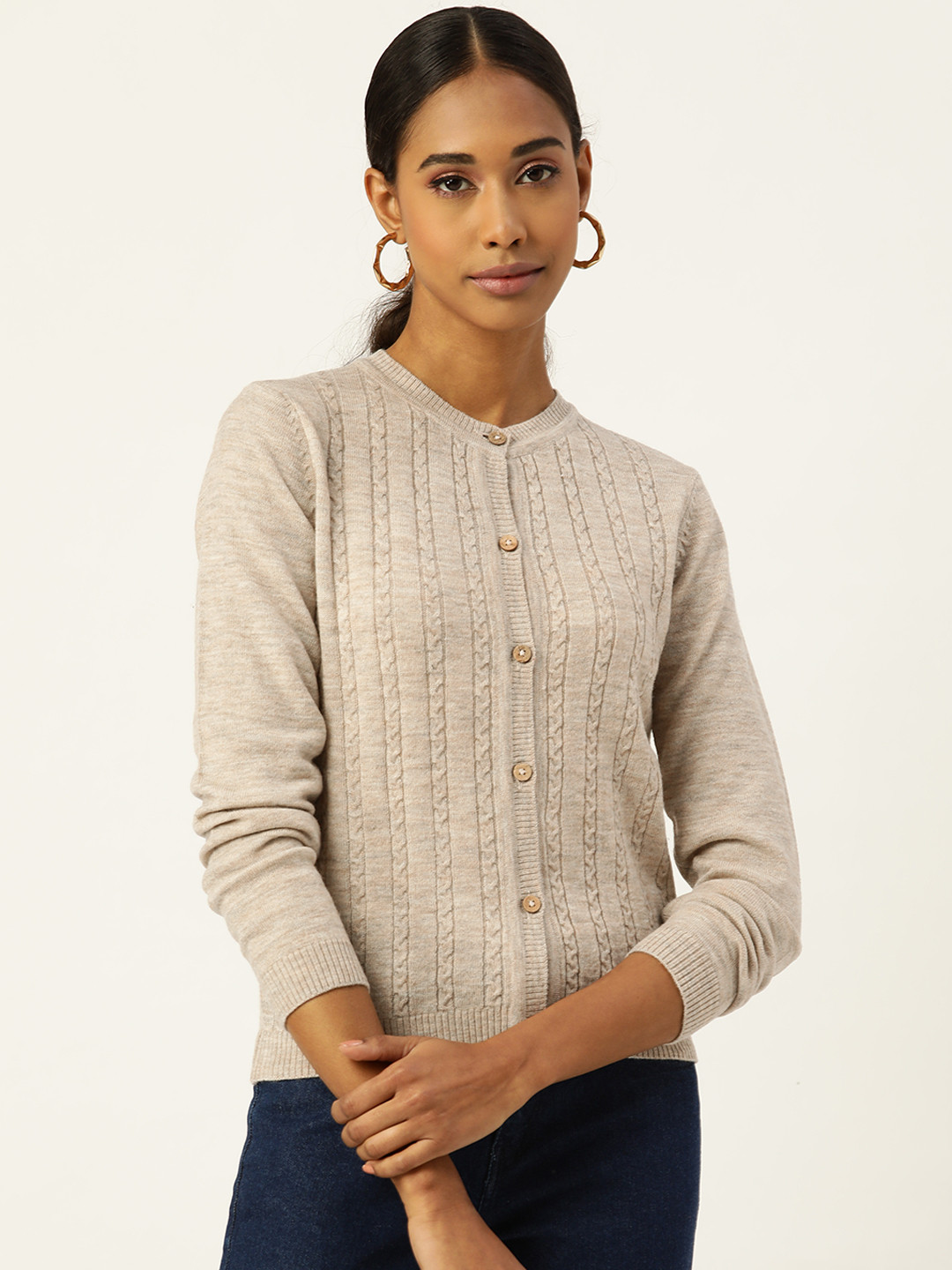 ARMISTO Women Cream-Coloured Cable Knit Woolen Cardigan