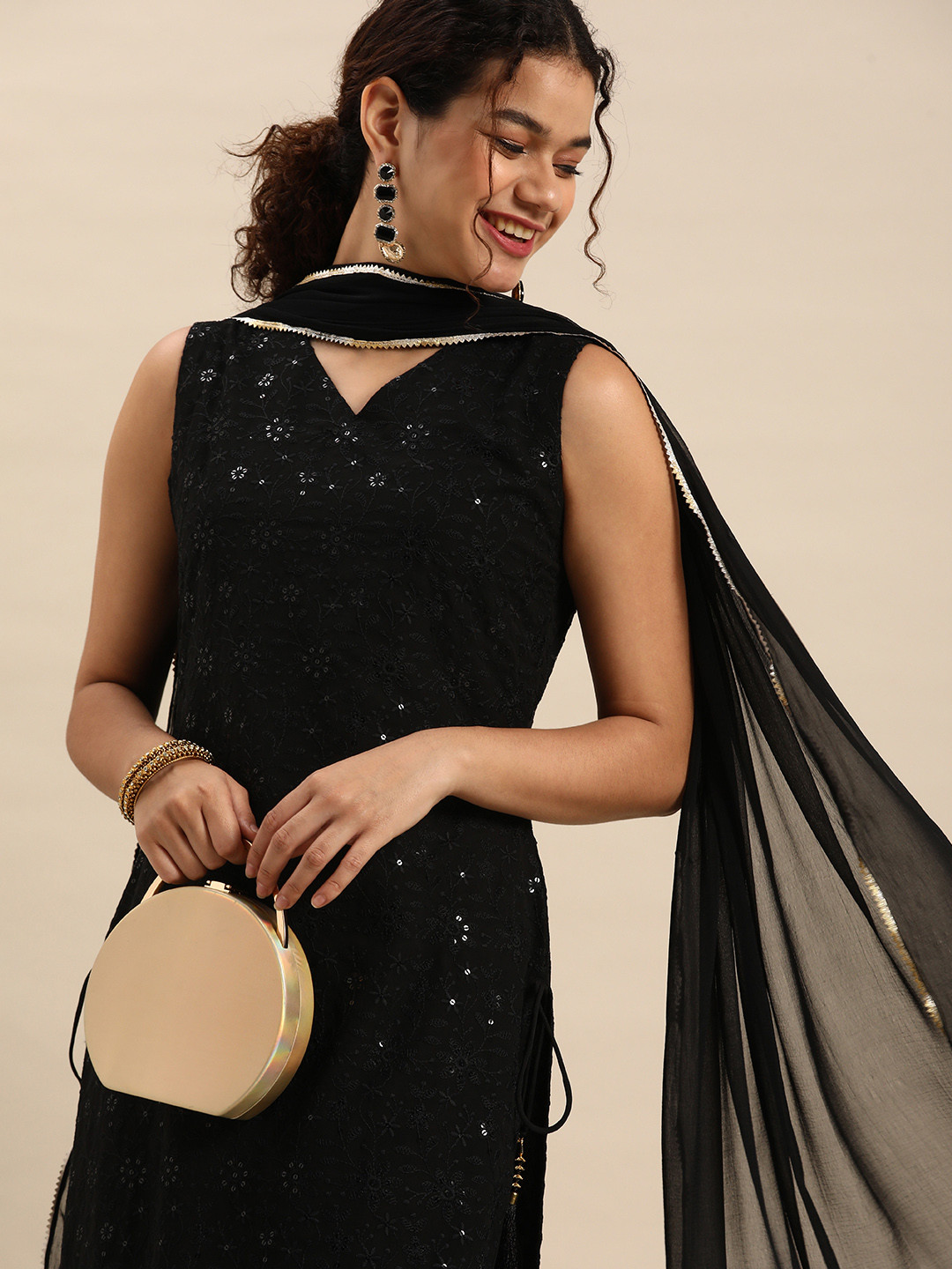 Anouk Women Black Chikankari Embroidered Kurta with Palazzos & Dupatta