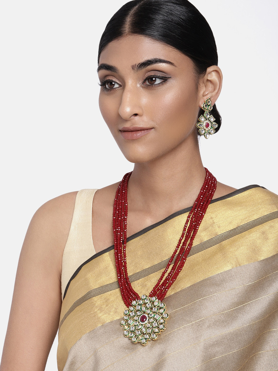 I Jewels Maron Gold-Plated Kundan Studded & Beaded Handcrafted Jewellery Set