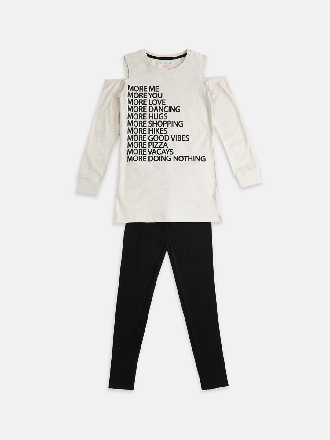 Pantaloons Junior Girls Off White & Black Pure Cotton Printed Night Suit