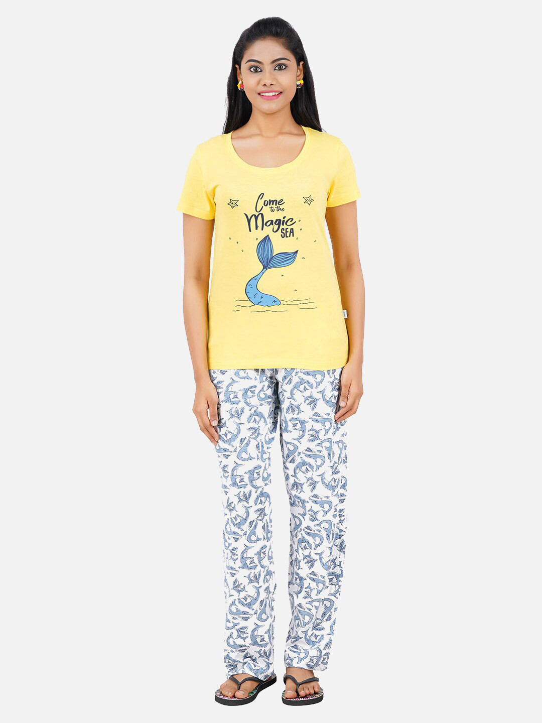 PRIDE APPAREL Women Yellow & Blue Printed Cotton Night suit