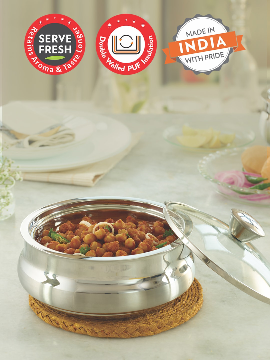 BOROSIL Silver-Toned Stainless Steel Insulated Handi with Glass Lid