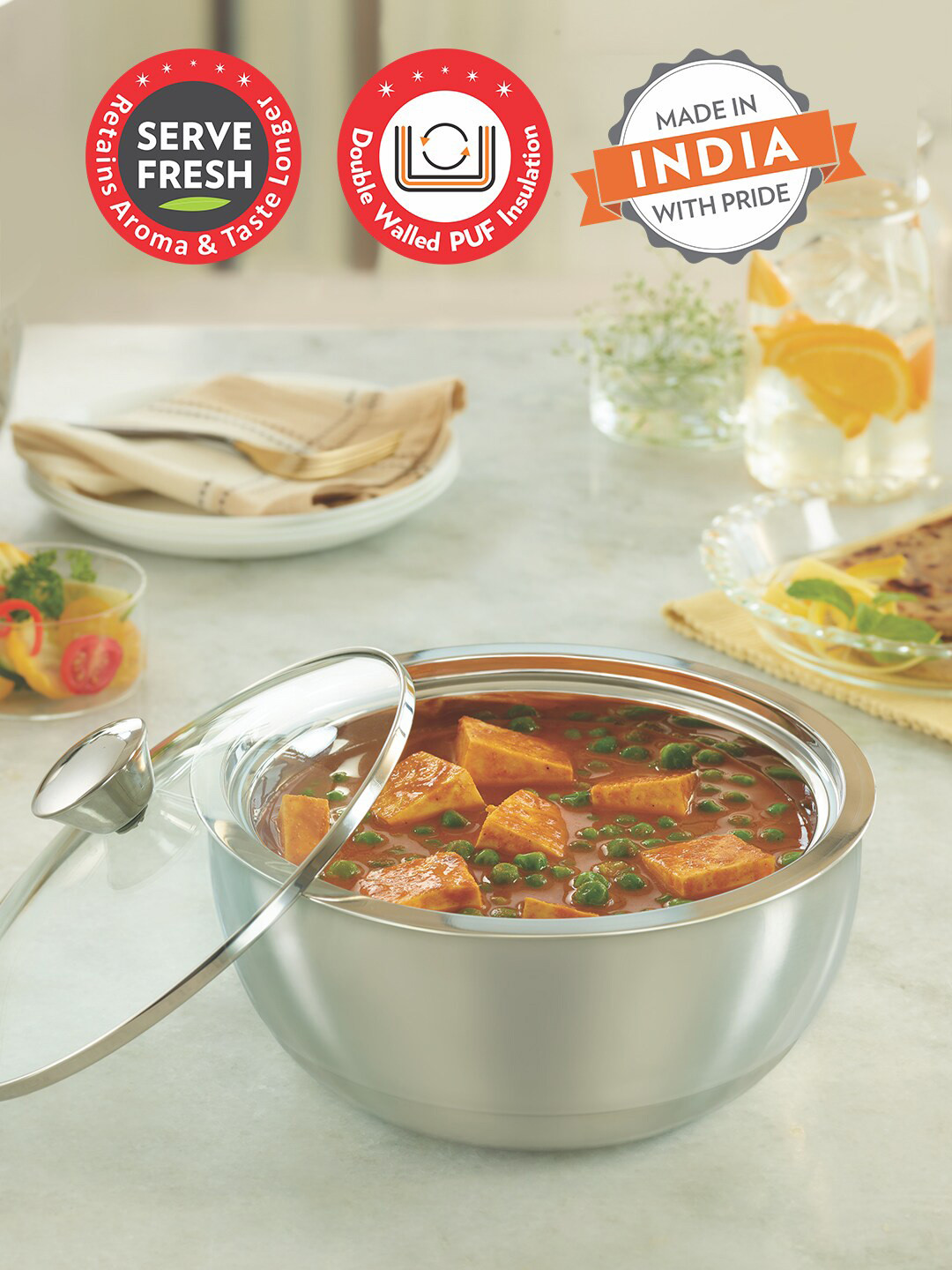 BOROSIL Silver-Toned Stainless Steel Insulated Casserole with Glass Lid