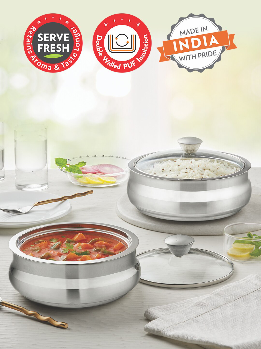 BOROSIL Set of 2 Silver-Toned Stainless Steel Handi Server