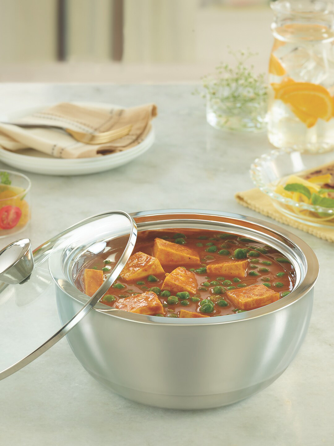 BOROSIL Silver-Toned Stainless Steel Casserole with Glass Lid