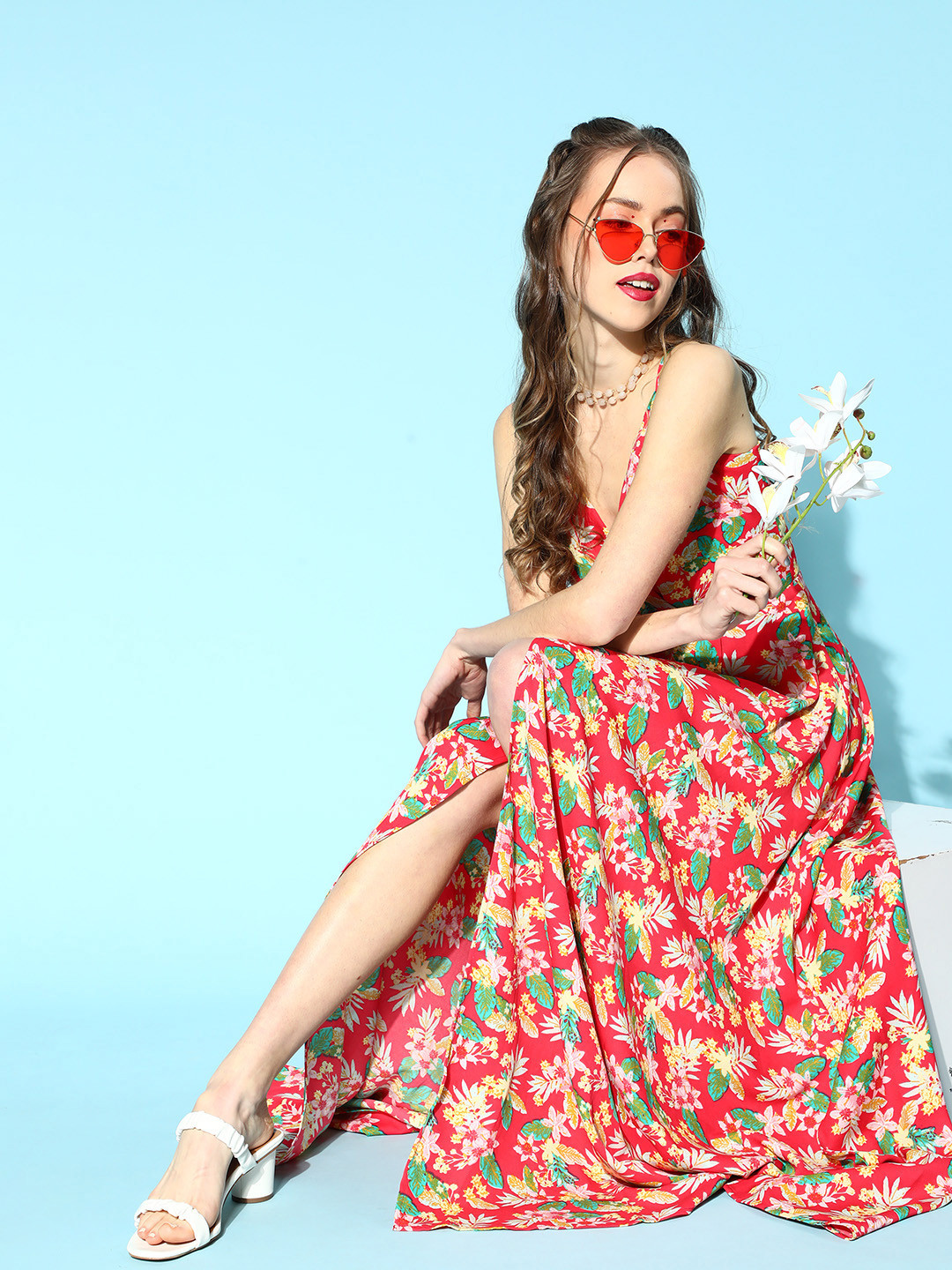 Berrylush Coral & Green Floral Print Crepe Maxi Dress