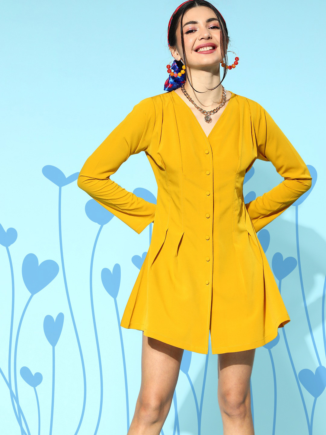 Berrylush Mustard Yellow Solid Crepe A-Line Dress