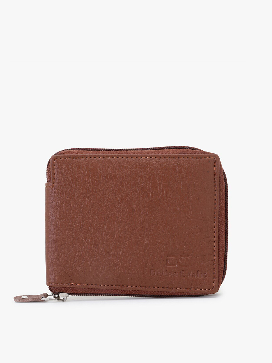 Dezire Crafts Men Tan Textured PU Leather Round Zip Bi-Fold Wallet