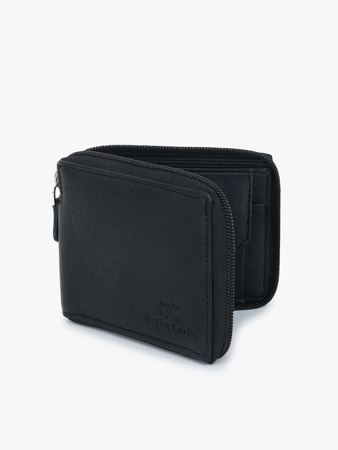 Dezire Crafts Men Black Textured Bi-Fold Leather Zip Around Wallet