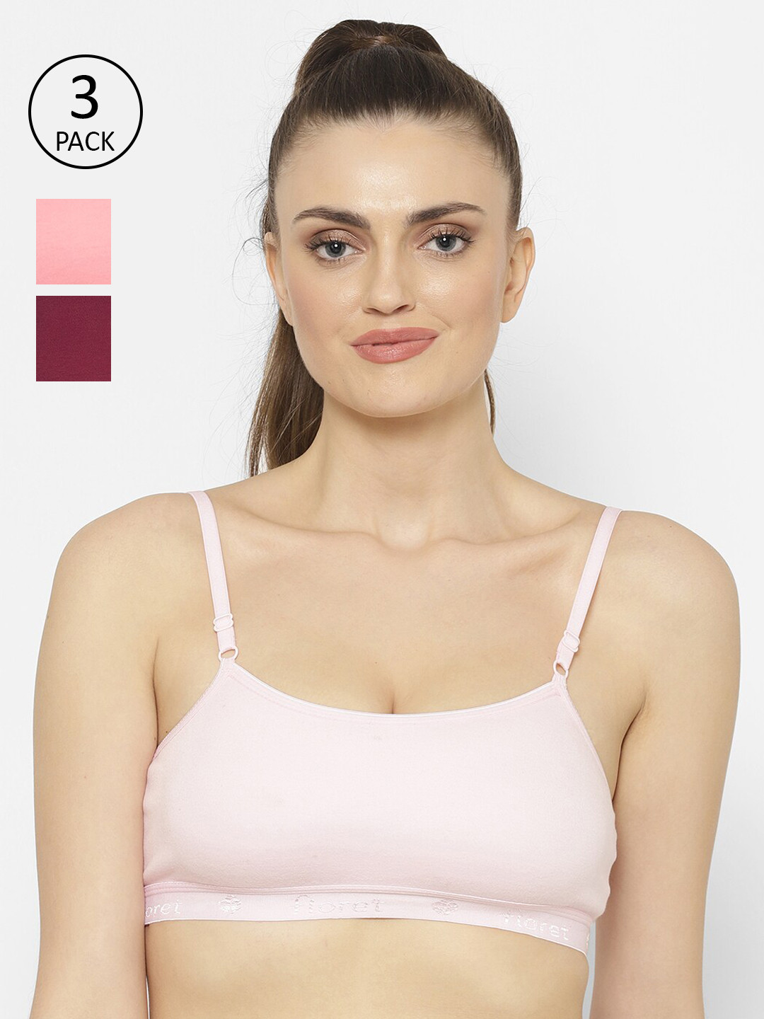 Floret Pack of 3 Non-Padded Non-Wired Cotton Beginners Bra with Adjustable Straps