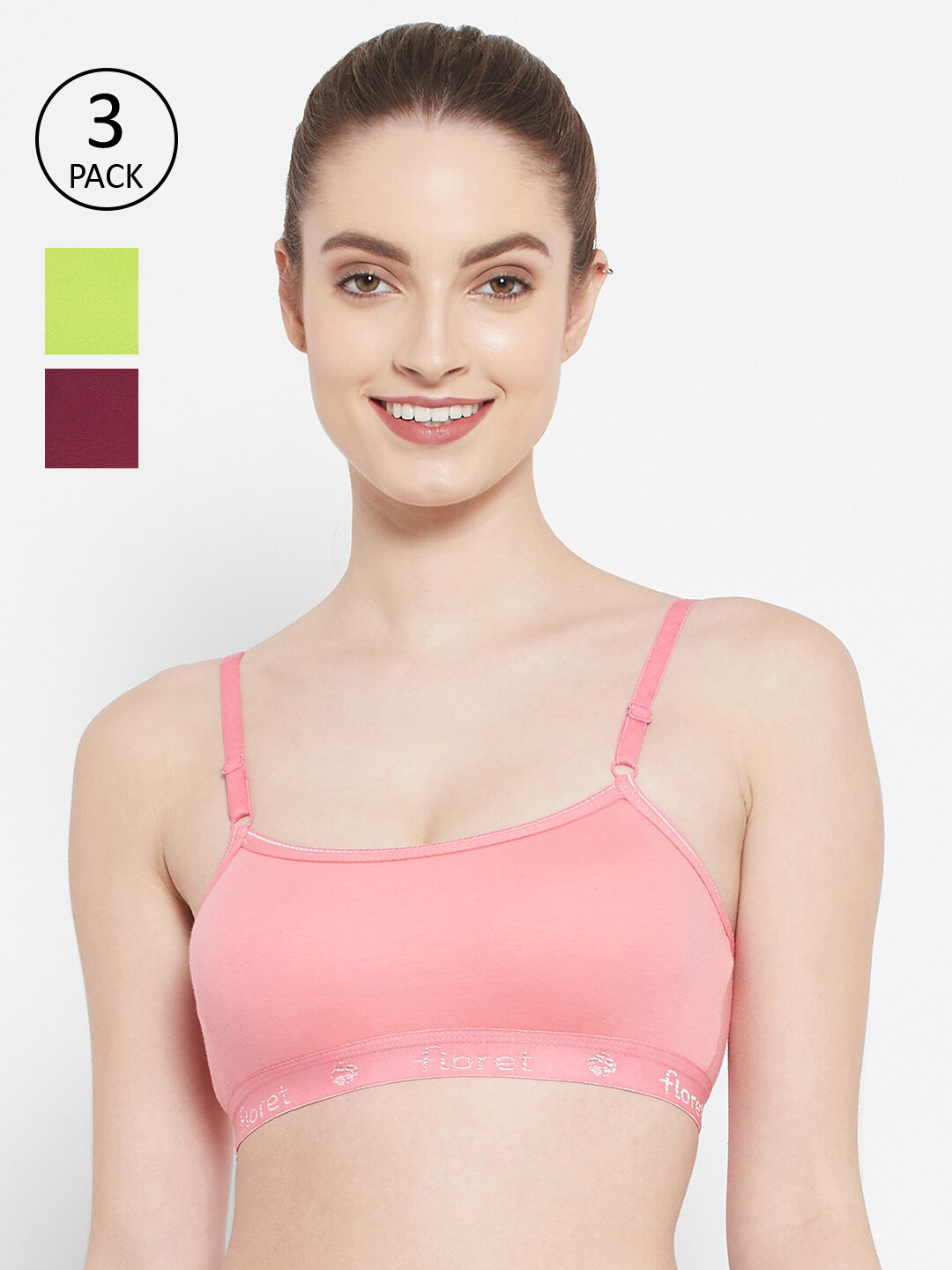 Floret Pack of 3 Non-Padded Non-Wired Cotton Beginners Bra with Adjustable Straps