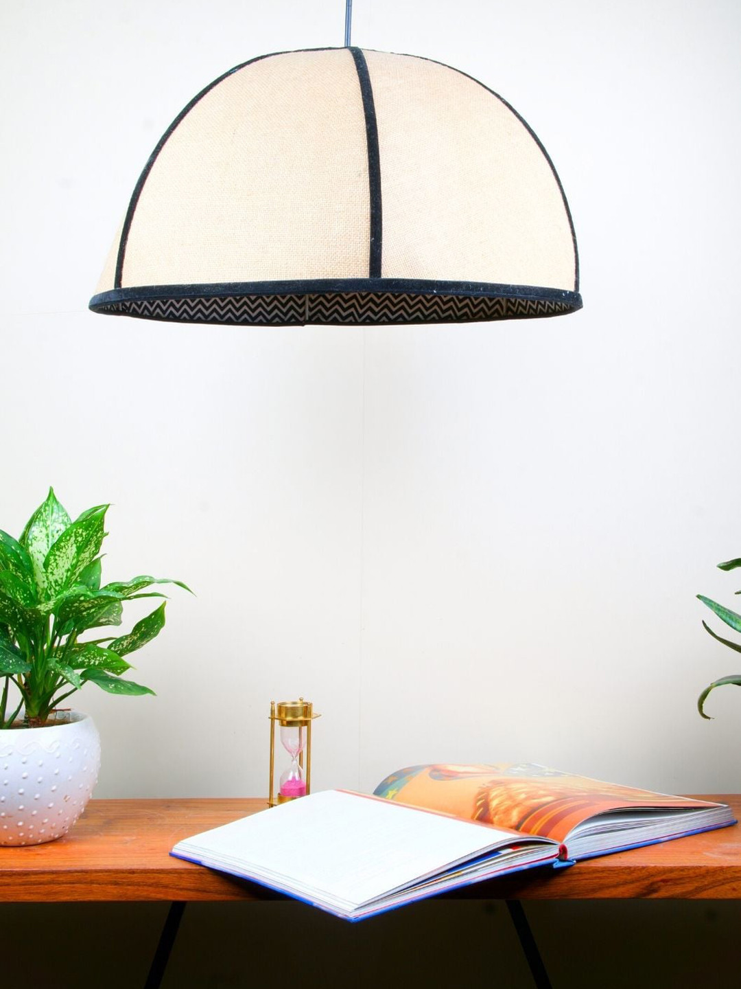 Grated ginger Beige & Black Half Coconut Designer Jute Ceiling Lamp