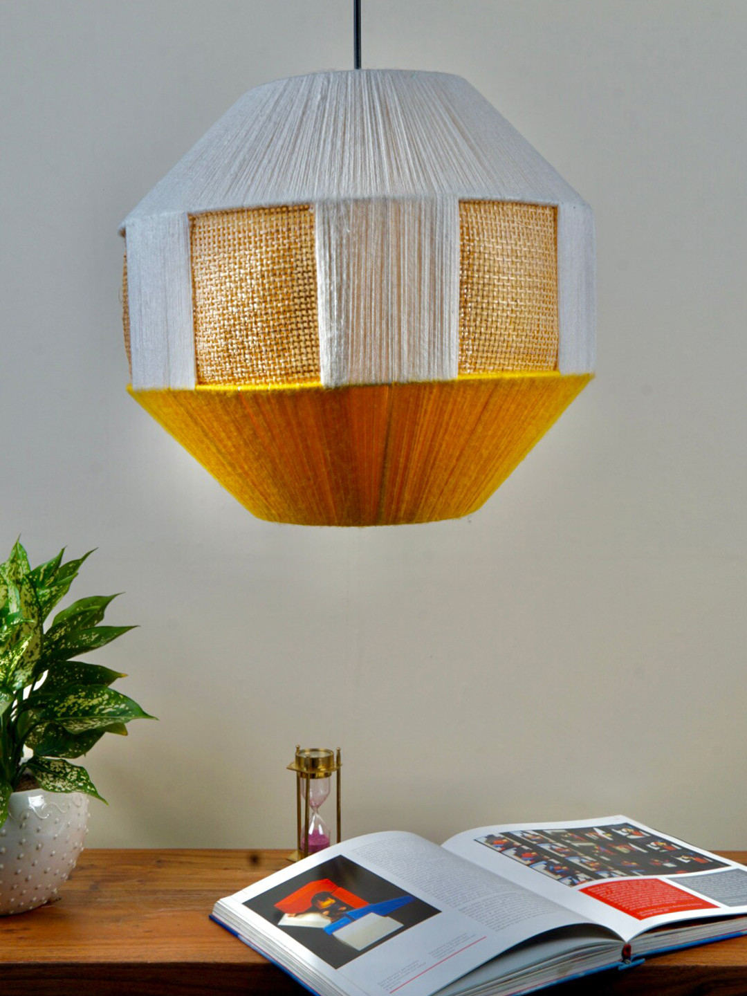 Grated Ginger White & Yellow Colourblocked Handmade Traditional Yarn Ceiling Lamp